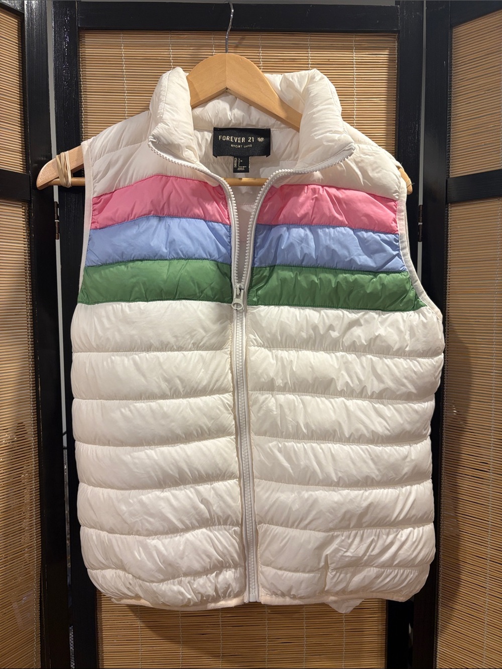 Forever 21 White Puffer Vest with Pink, Blue & Green Stripe Accents